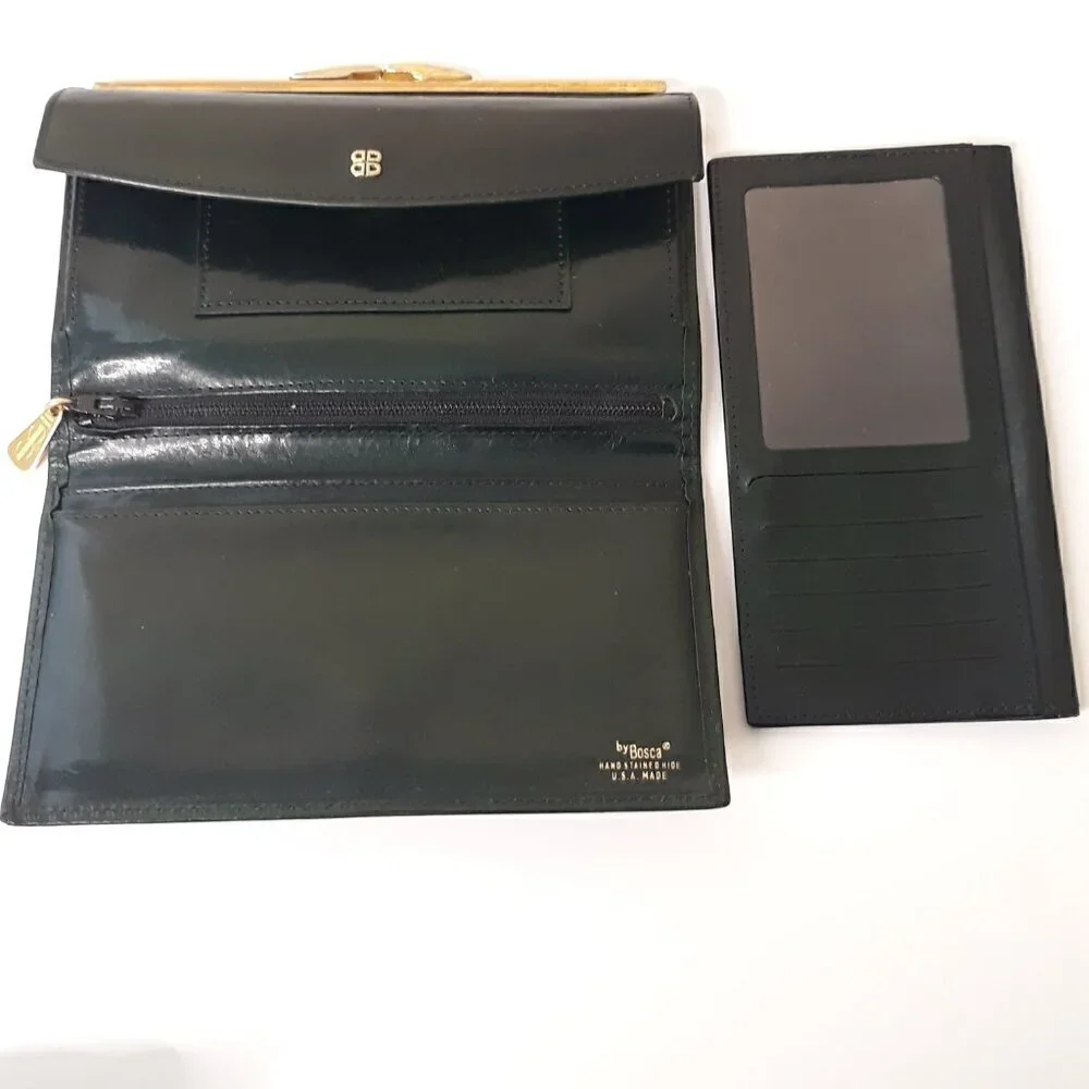 Vtg Bosca Hand Stained Hide Green Leather Kisslock Tri-fold Check Book Wallet
